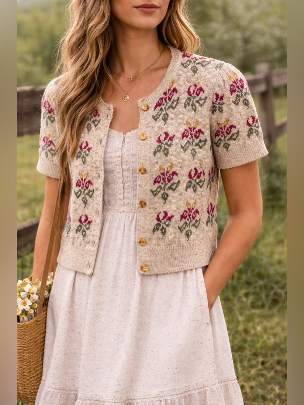 St Michael Vintage Floral Knit Cardigan Beige Cottagecore sweater UK 12/14 A4